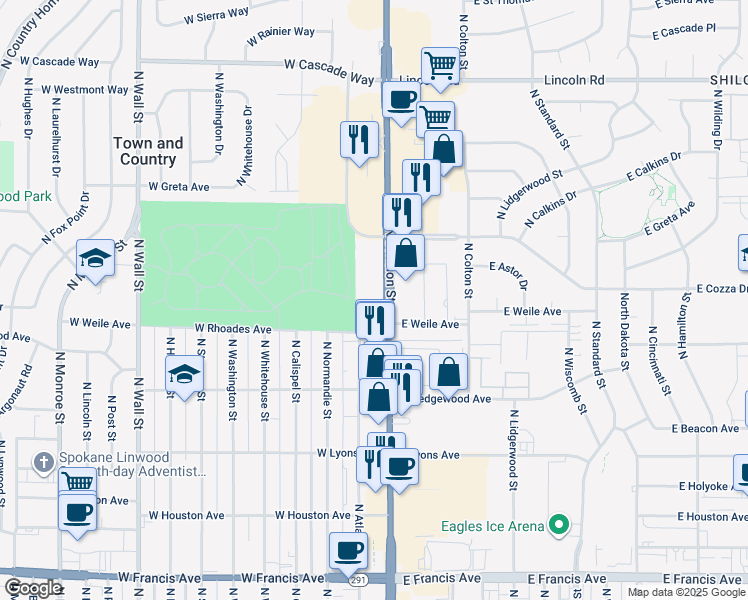 map of restaurants, bars, coffee shops, grocery stores, and more near 7111 North Division Street in Spokane