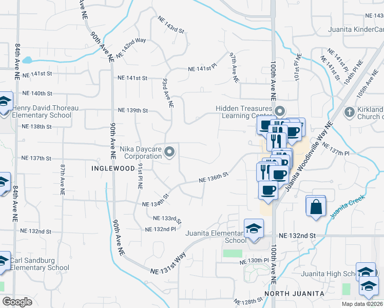 map of restaurants, bars, coffee shops, grocery stores, and more near 9515 Northeast 137th Street in Kirkland