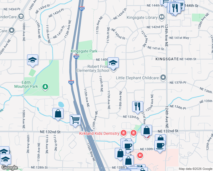 map of restaurants, bars, coffee shops, grocery stores, and more near 13612 117th Avenue Northeast in Kirkland