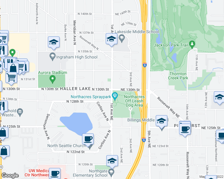 map of restaurants, bars, coffee shops, grocery stores, and more near 1st Avenue Northeast & Northeast 130th Street in Seattle