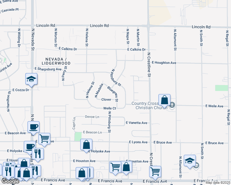 map of restaurants, bars, coffee shops, grocery stores, and more near Bluegrass in Spokane
