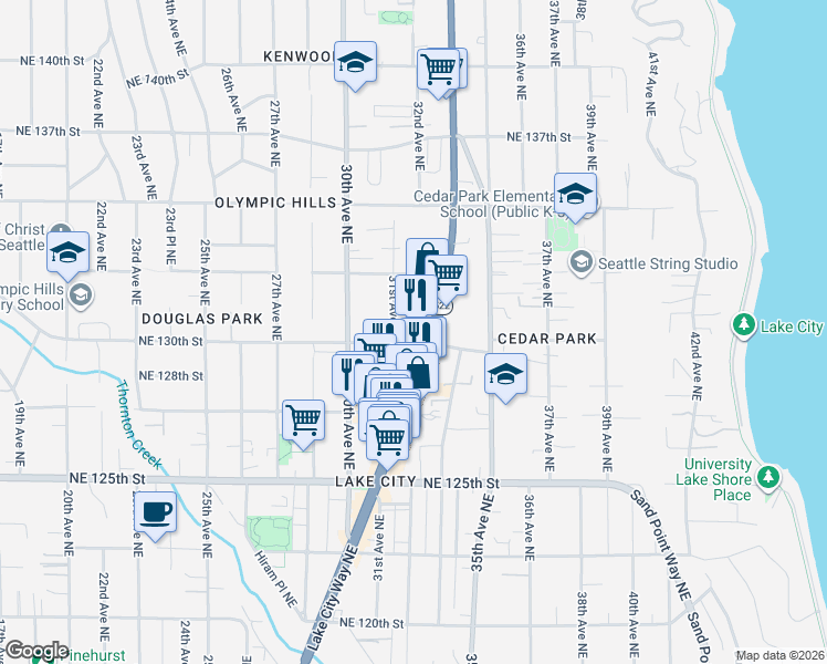 map of restaurants, bars, coffee shops, grocery stores, and more near 3116 Northeast 130th Street in Seattle