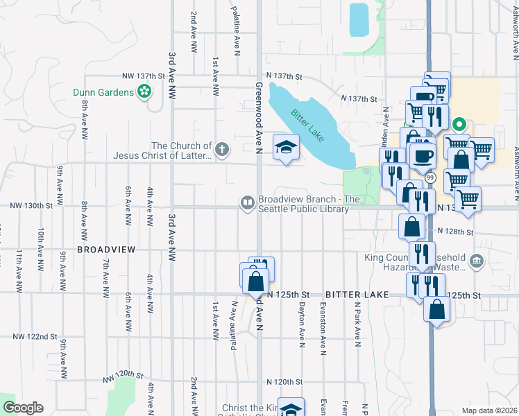 map of restaurants, bars, coffee shops, grocery stores, and more near 12726 Greenwood Avenue North in Seattle