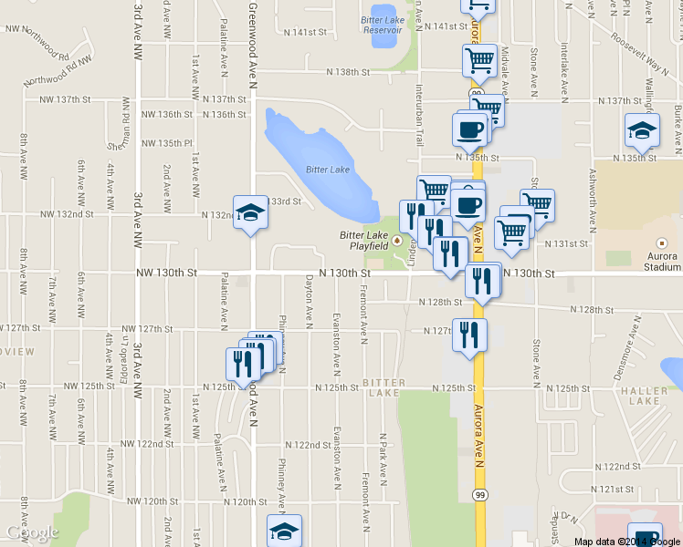 map of restaurants, bars, coffee shops, grocery stores, and more near 12733 Evanston Avenue North in Seattle