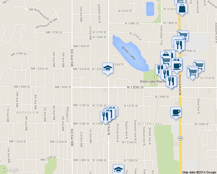 map of restaurants, bars, coffee shops, grocery stores, and more near 13001 Greenwood Ave N in Seattle