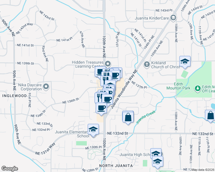 map of restaurants, bars, coffee shops, grocery stores, and more near 10004 Northeast 137th Street in Kirkland