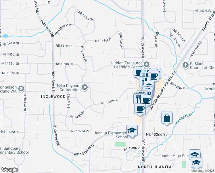 map of restaurants, bars, coffee shops, grocery stores, and more near 13749 97th Avenue Northeast in Kirkland