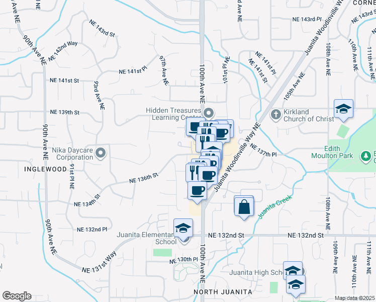 map of restaurants, bars, coffee shops, grocery stores, and more near 9910 Northeast 137th Street in Kirkland