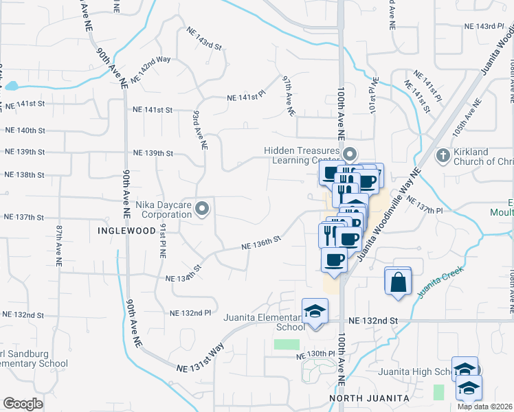 map of restaurants, bars, coffee shops, grocery stores, and more near 13749 97th Avenue Northeast in Kirkland