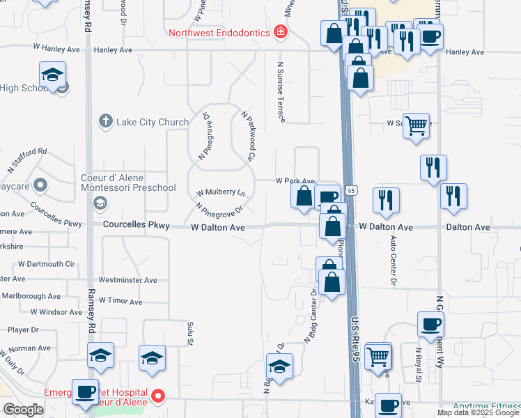 map of restaurants, bars, coffee shops, grocery stores, and more near 5209 North Pinegrove Court in Coeur d'Alene