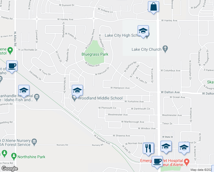 map of restaurants, bars, coffee shops, grocery stores, and more near 2057 West Hampson Avenue in Coeur d'Alene