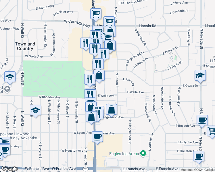 map of restaurants, bars, coffee shops, grocery stores, and more near 43 East Weile Avenue in Spokane