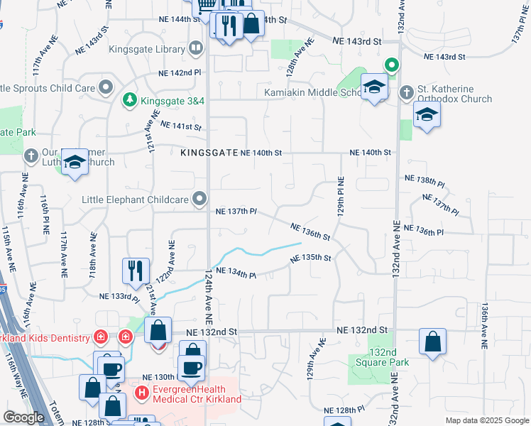 map of restaurants, bars, coffee shops, grocery stores, and more near 13819 127th Avenue Northeast in Kirkland