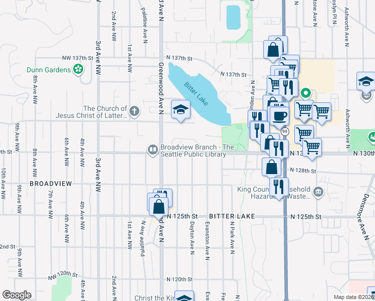 map of restaurants, bars, coffee shops, grocery stores, and more near 300 North 130th Street in Seattle