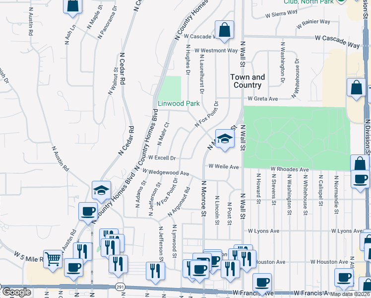 map of restaurants, bars, coffee shops, grocery stores, and more near 7215 North Fox Point Drive in Spokane