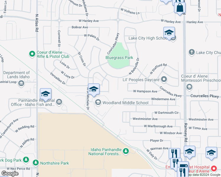 map of restaurants, bars, coffee shops, grocery stores, and more near 5750 North Morleau Lane in Coeur d'Alene