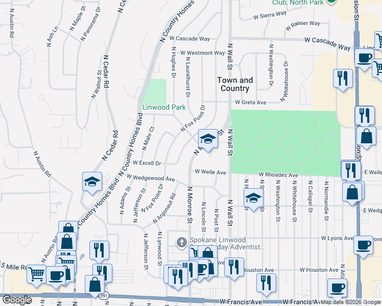 map of restaurants, bars, coffee shops, grocery stores, and more near 7217 North Excell Drive in Spokane