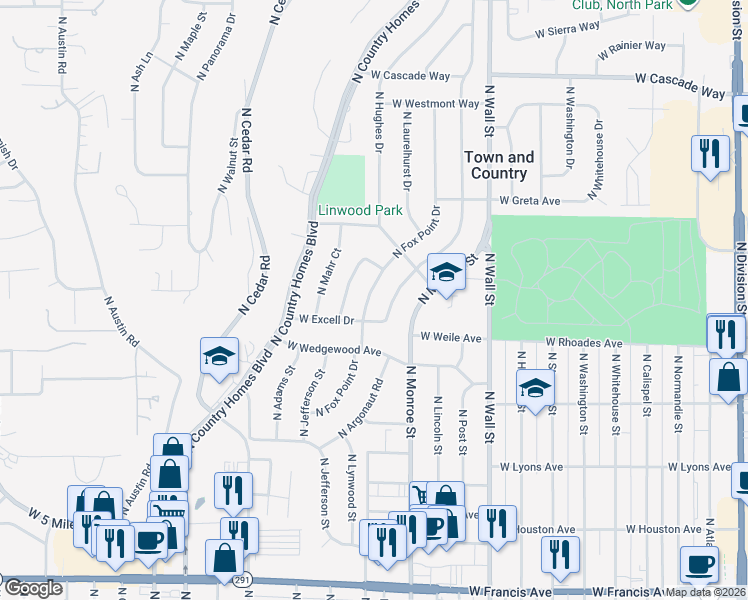 map of restaurants, bars, coffee shops, grocery stores, and more near 7215 North Fox Point Drive in Spokane