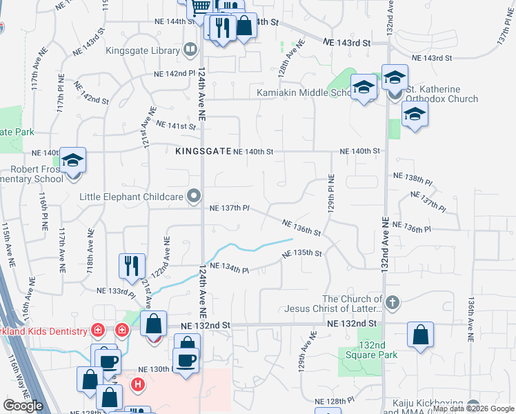 map of restaurants, bars, coffee shops, grocery stores, and more near 13819 127th Avenue Northeast in Kirkland