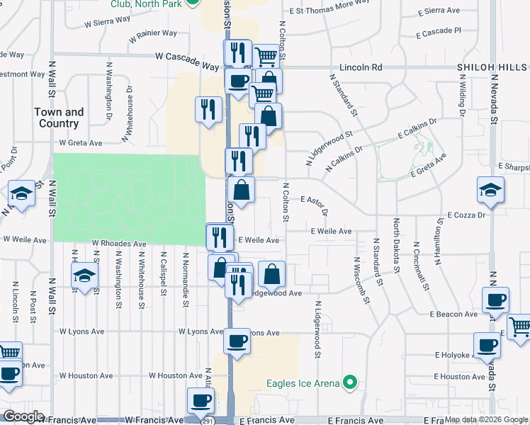 map of restaurants, bars, coffee shops, grocery stores, and more near 43 East Weile Avenue in Spokane
