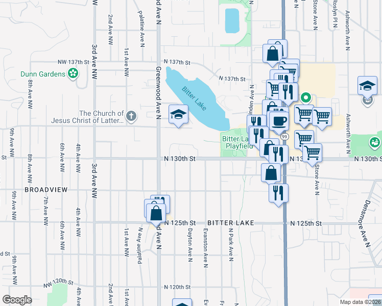map of restaurants, bars, coffee shops, grocery stores, and more near 300 North 130th Street in Seattle