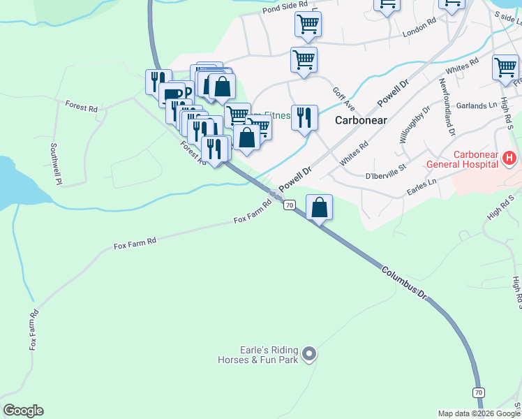 map of restaurants, bars, coffee shops, grocery stores, and more near 1 Fox Farm Road in Carbonear