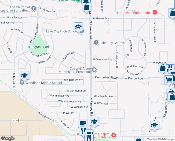 map of restaurants, bars, coffee shops, grocery stores, and more near 1637 West Tullis Drive in Coeur d'Alene