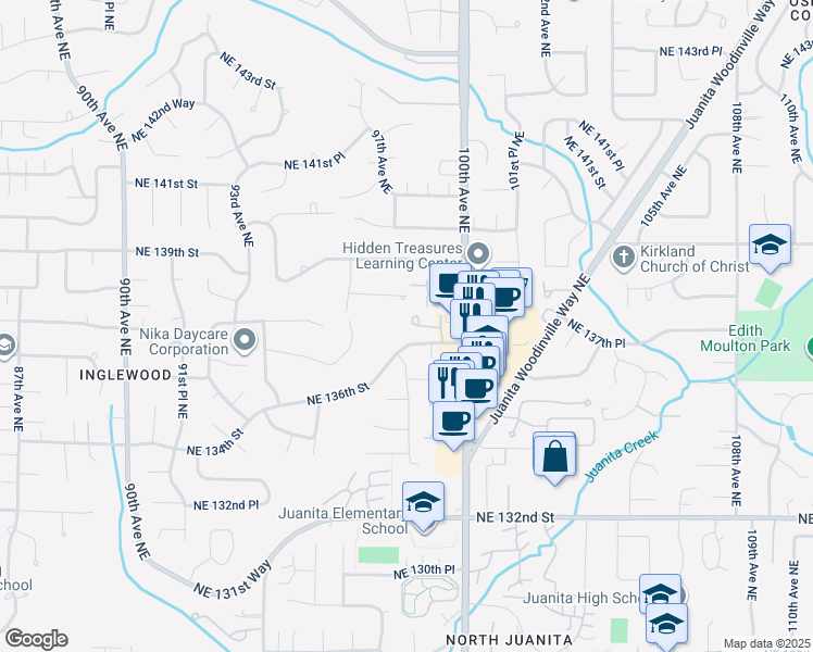 map of restaurants, bars, coffee shops, grocery stores, and more near 9835 Northeast 138th Place in Kirkland