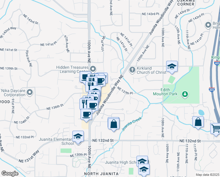 map of restaurants, bars, coffee shops, grocery stores, and more near 10142 Northeast 137th Place in Kirkland
