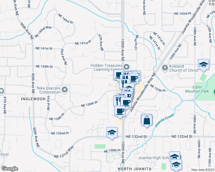 map of restaurants, bars, coffee shops, grocery stores, and more near 9835 Northeast 138th Place in Kirkland