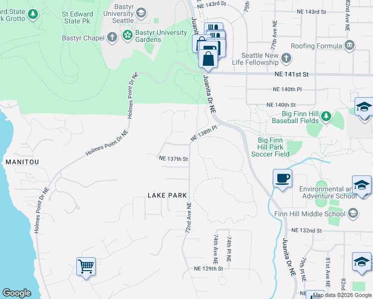 map of restaurants, bars, coffee shops, grocery stores, and more near 7046 Northeast 138th Street in Kirkland