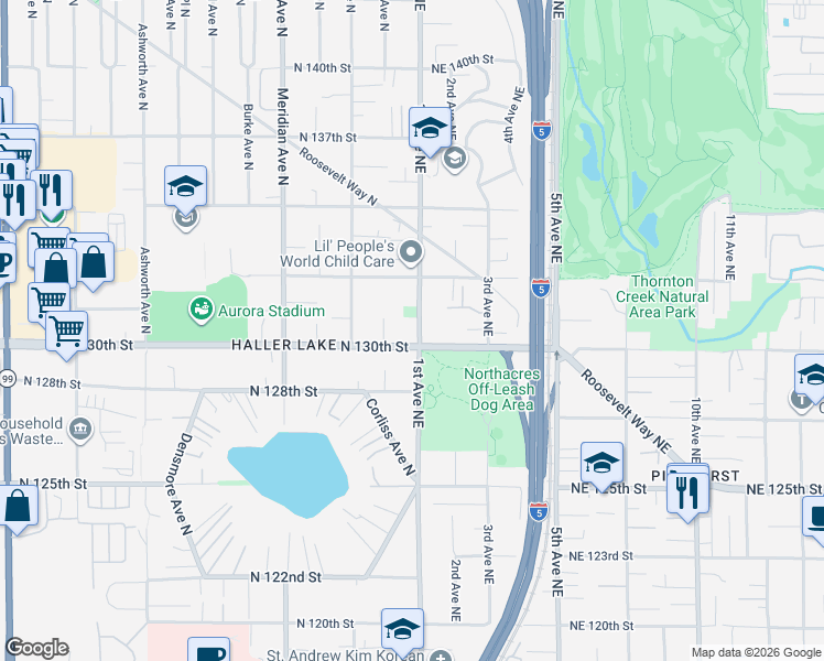 map of restaurants, bars, coffee shops, grocery stores, and more near 13045 1st Avenue Northeast in Seattle