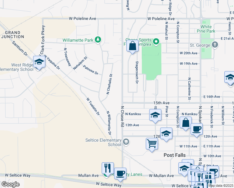 map of restaurants, bars, coffee shops, grocery stores, and more near 1714 North Chehalis Street in Post Falls