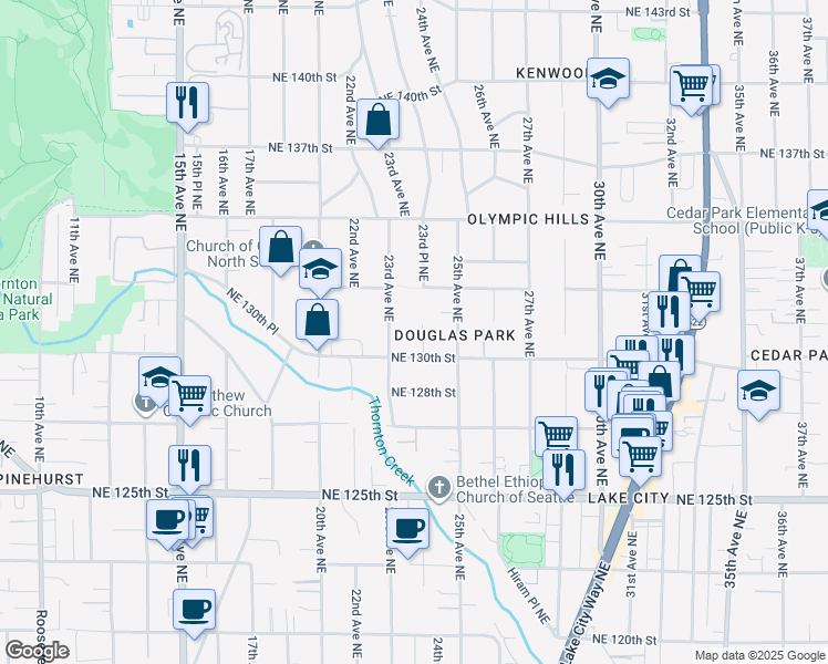 map of restaurants, bars, coffee shops, grocery stores, and more near 13040 23rd Avenue Northeast in Seattle