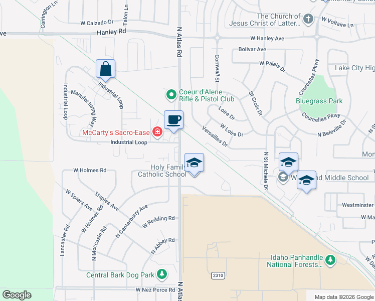 map of restaurants, bars, coffee shops, grocery stores, and more near 3350 W Kathy Loop in Coeur d'Alene