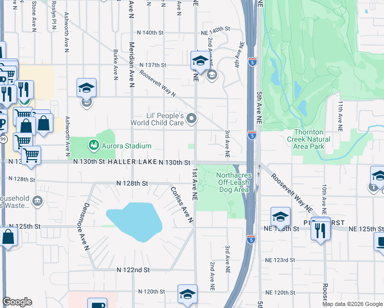 map of restaurants, bars, coffee shops, grocery stores, and more near 13045 1st Avenue Northeast in Seattle