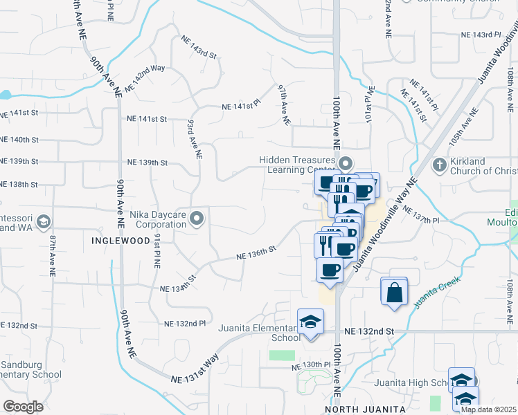 map of restaurants, bars, coffee shops, grocery stores, and more near 13749 97th Avenue Northeast in Kirkland