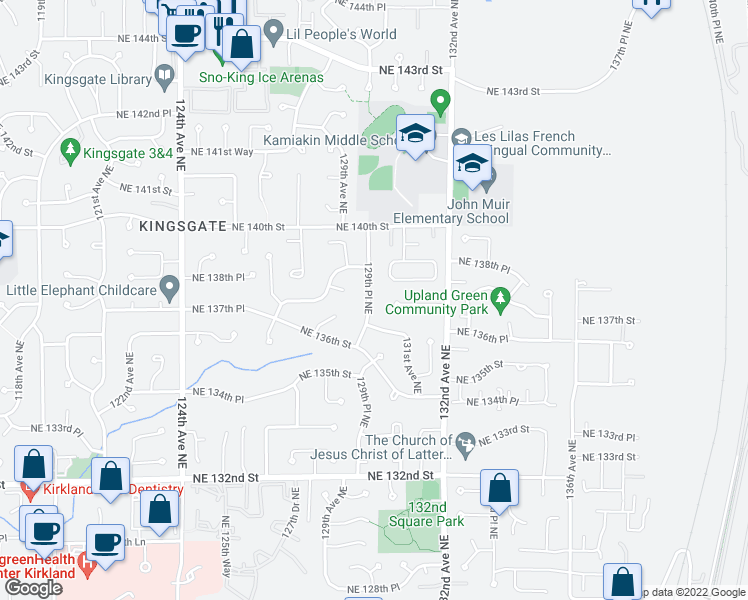 map of restaurants, bars, coffee shops, grocery stores, and more near 13722 129th Place Northeast in Kirkland