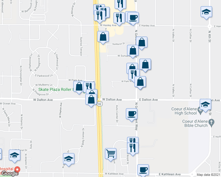 map of restaurants, bars, coffee shops, grocery stores, and more near 5769 North Partridge Court in Coeur d'Alene