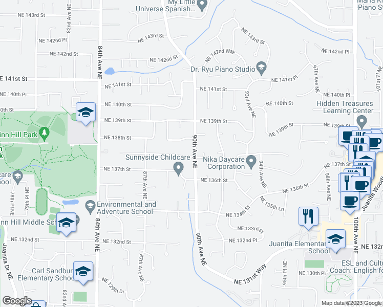 map of restaurants, bars, coffee shops, grocery stores, and more near 13717 90th Avenue Northeast in Kirkland