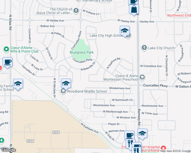 map of restaurants, bars, coffee shops, grocery stores, and more near 2012 West Ashley Avenue in Coeur d'Alene
