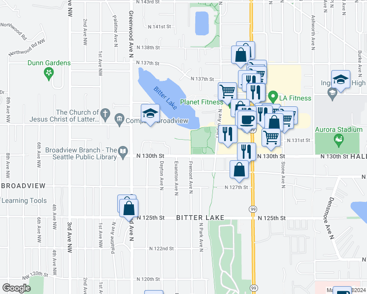map of restaurants, bars, coffee shops, grocery stores, and more near 620 North 130th Street in Seattle