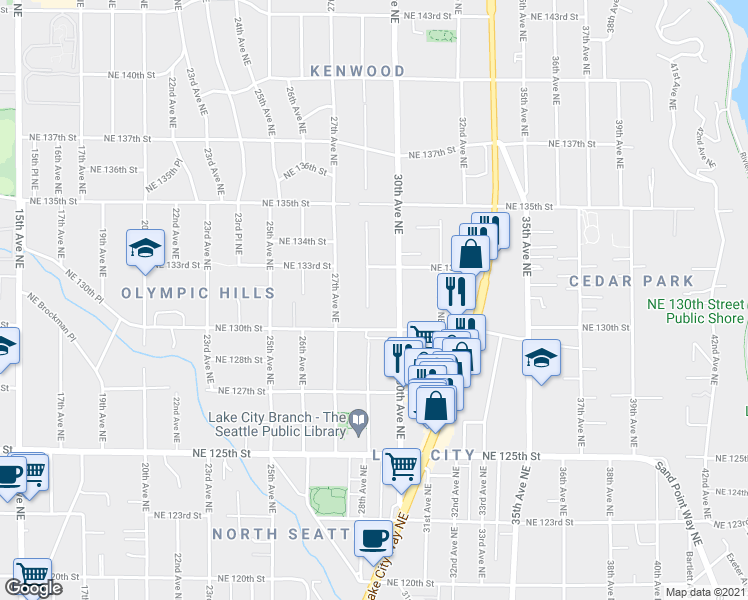 map of restaurants, bars, coffee shops, grocery stores, and more near 13024 28th Avenue Northeast in Seattle