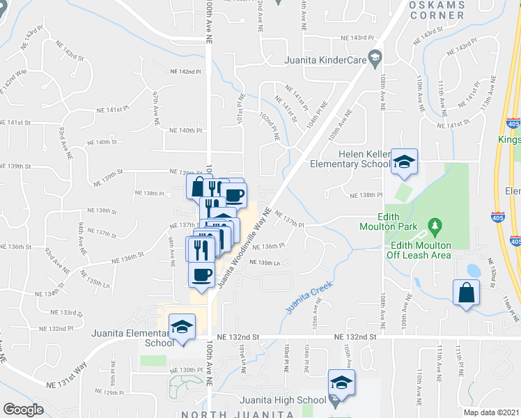 map of restaurants, bars, coffee shops, grocery stores, and more near 10142 Northeast 137th Place in Kirkland