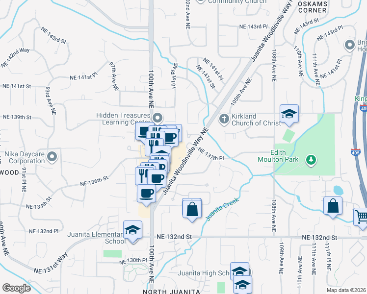 map of restaurants, bars, coffee shops, grocery stores, and more near 10142 Northeast 137th Place in Kirkland