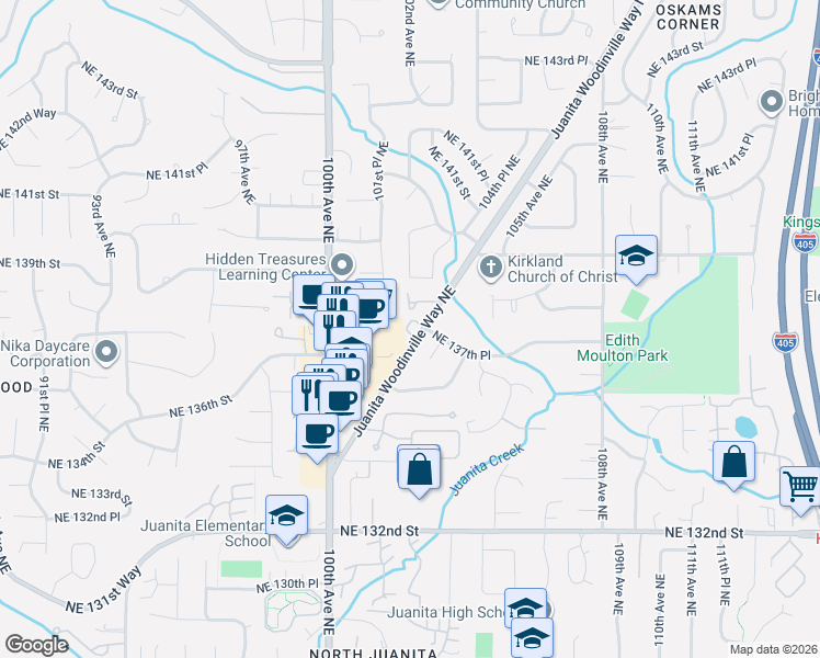 map of restaurants, bars, coffee shops, grocery stores, and more near 10135 Northeast 137th Place in Kirkland
