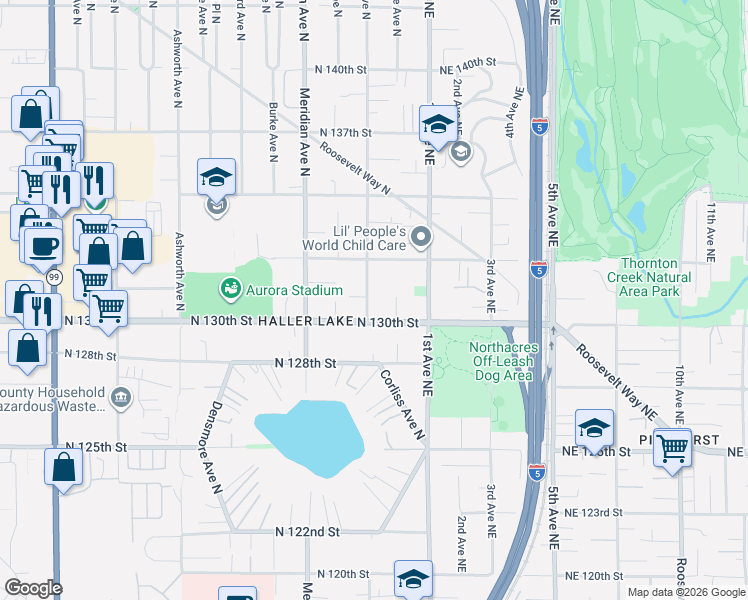 map of restaurants, bars, coffee shops, grocery stores, and more near 13030 Corliss Avenue North in Seattle