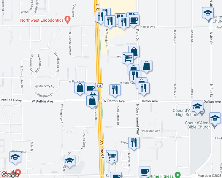 map of restaurants, bars, coffee shops, grocery stores, and more near 5771 North Partridge Court in Coeur d'Alene