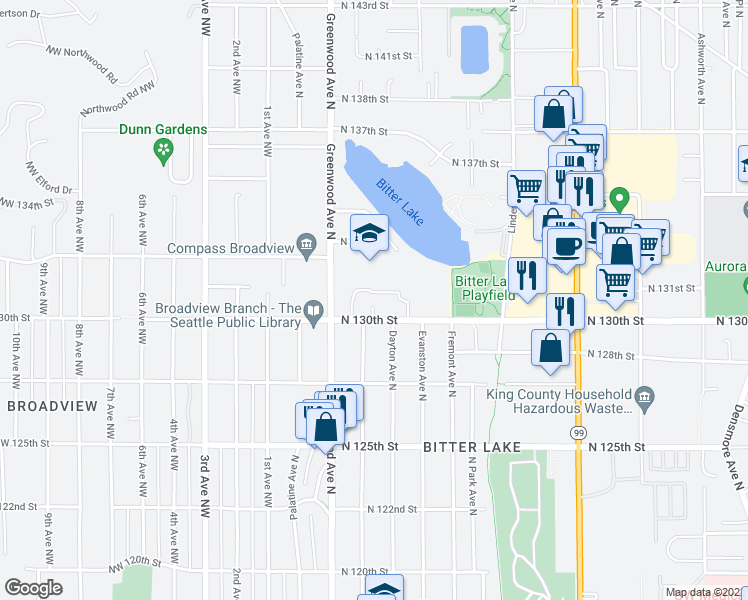 map of restaurants, bars, coffee shops, grocery stores, and more near 300 North 130th Street in Seattle