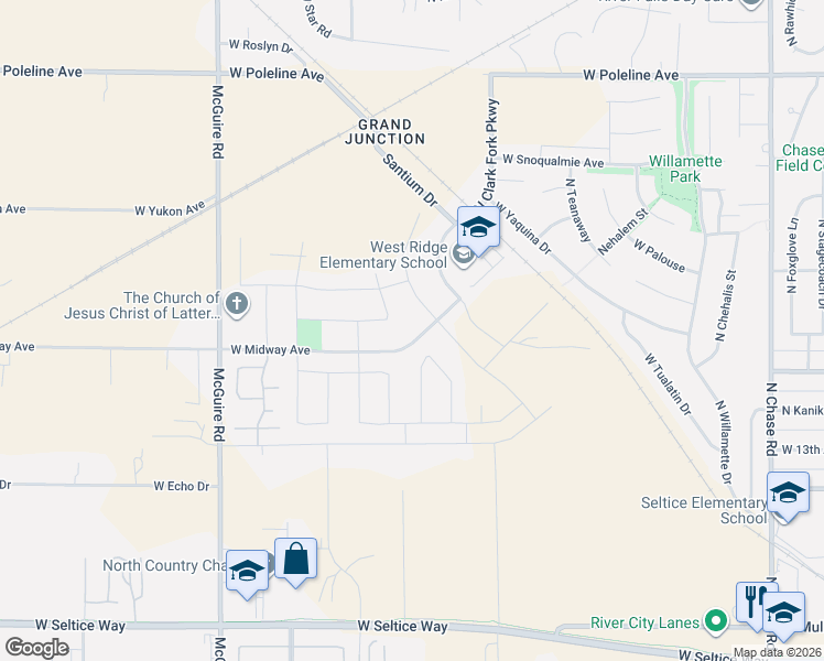 map of restaurants, bars, coffee shops, grocery stores, and more near 1801 West Midway Avenue in Post Falls